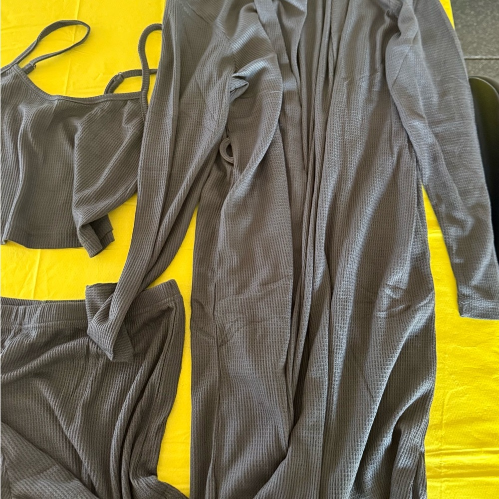 3-Piece Charcoal Gray Waffle Knit Loungewear Set